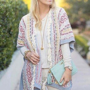 CAbi Love, Carol Siesta Chunky Fringe Trim Rainbow Knit Oversized Poncho Sweater